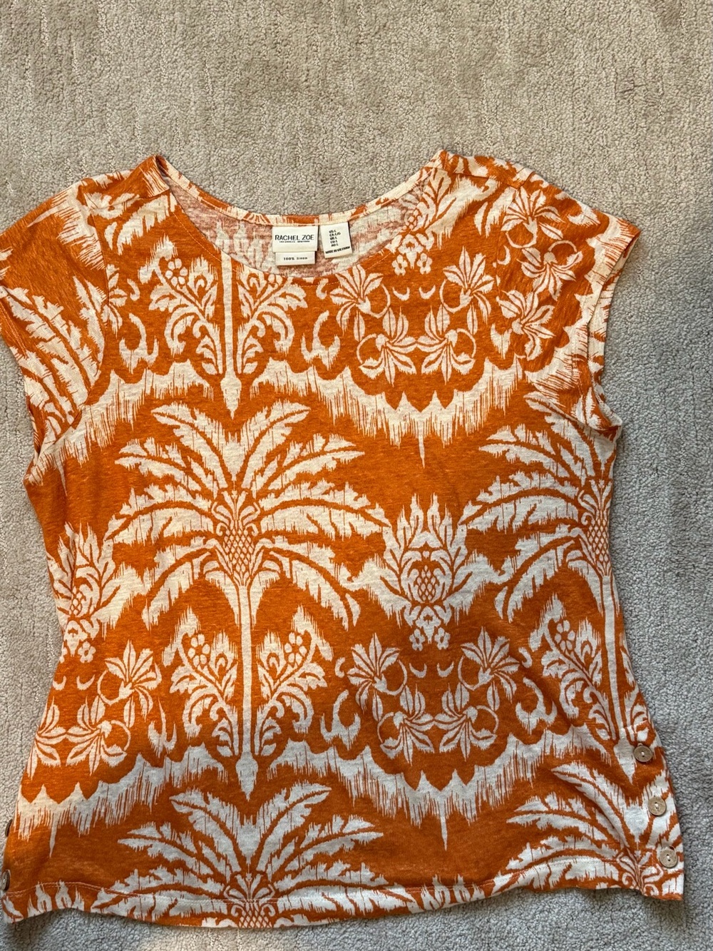 Rachel Zoe linen tee shirt, size large, rust/orange and cream.